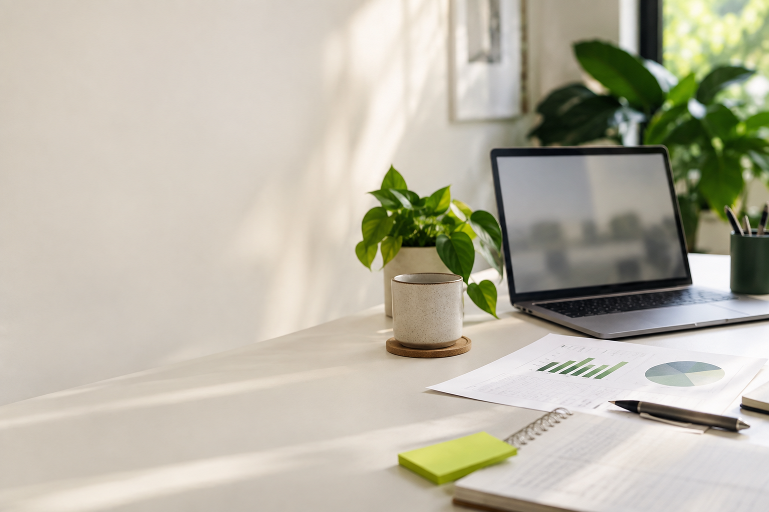 A calm workspace with a laptop, report and spreadsheet notes